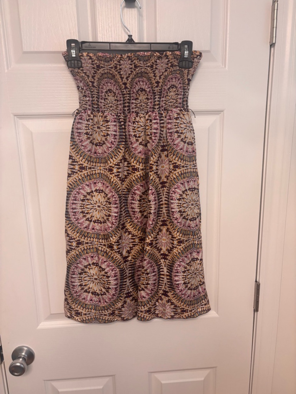 ESPRIT Purple and Brown Smocked Patterned Strapless Dress